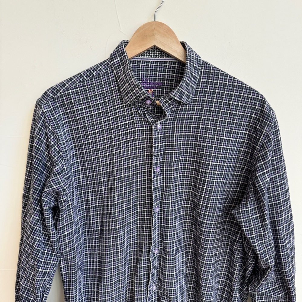 Luchiano Visconti Purple Black Houndstooth Plaid Favorite Shirt Mens Size L - Picture 3 of 14